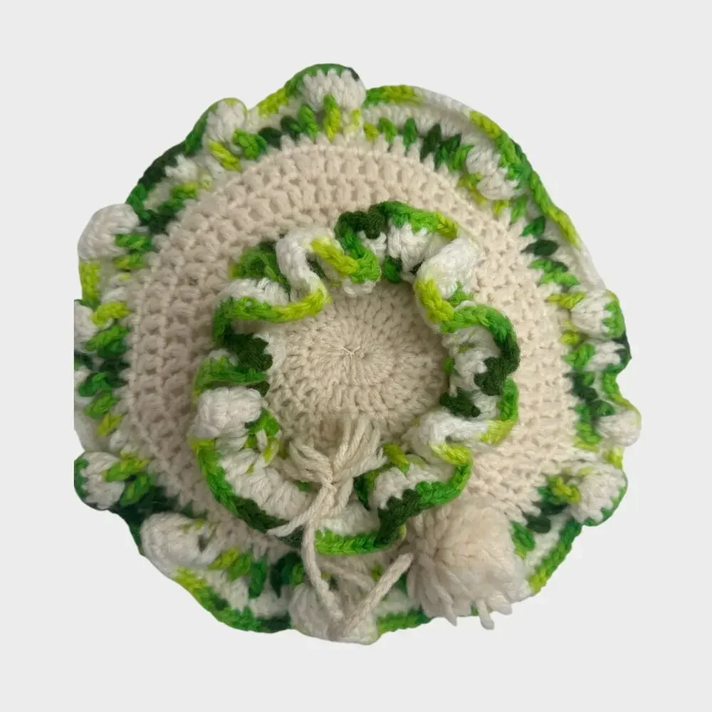 Vintage Handmade Round Flower Crochet Pillow Green White